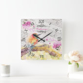 Vintager Vogel auf Baumrosa Blume entmutigen Quadratische Wanduhr (Zuhause)