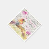 Vintager Vogel auf Baumrosa Blume entmutigen Serviette (Ecke)