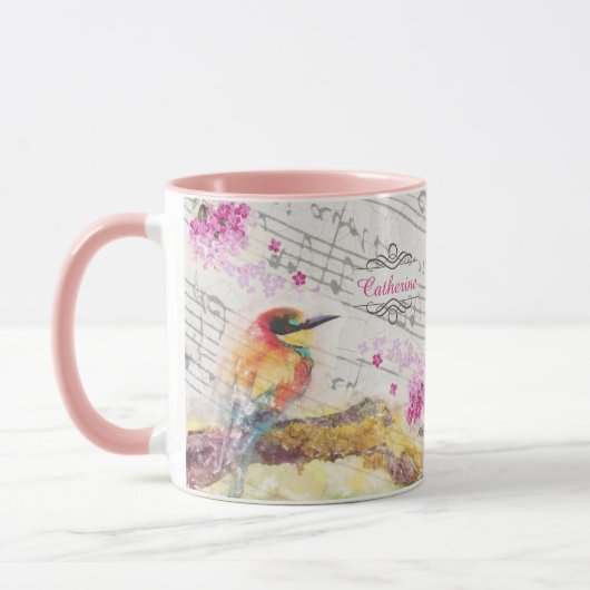 Vintager Vogel auf Baumrosa Blume entmutigen Tasse (Links)