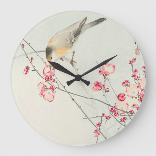 Vintager Vogel auf Blütenzweig Große Wanduhr (Vorderseite)