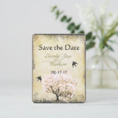 Vintager Vogel aus Herzleder, rosa Tree, Save the Date (Stehend Vorderseite)