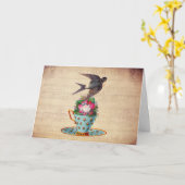 Vintager Vogel, Rose und Teacup Karte (Gelbe Blume)