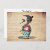 Vintager Vogel, Rose und Teacup Postkarte (Vorne/Hinten)