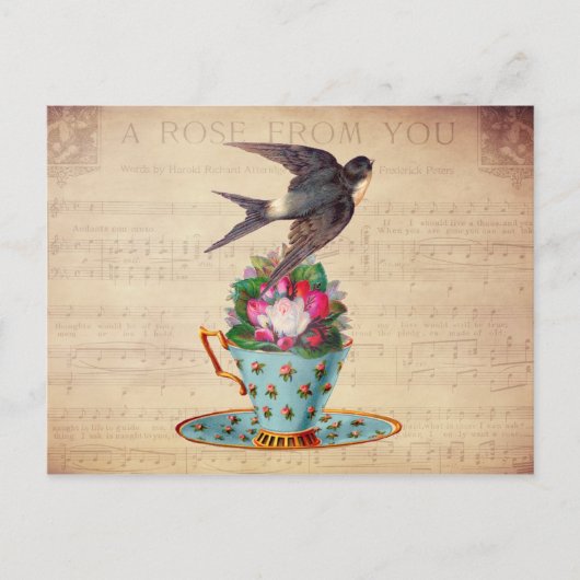 Vintager Vogel, Rose und Teacup Postkarte (Vorderseite)