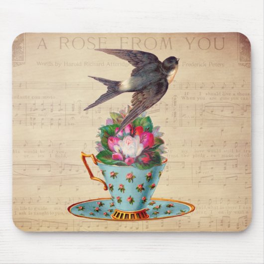 Vintager Vogel, Rosen und Teacup Mousepad (Vorne)