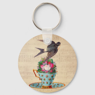 Vintager Vogel, Rosen und Teacup Schlüsselanhänger