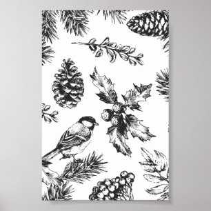 Vintager Vogel und Pinecone Muster Weihnachten Poster