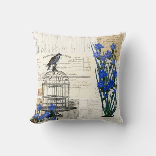 Vintager Vogelbirdcage-blaues Kissen (Vorderseite)