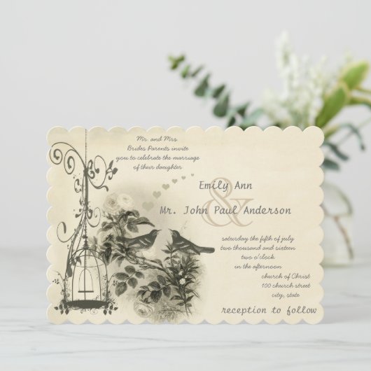 Vintager Vogelkäfig Einladung (Stehend Vorderseite)