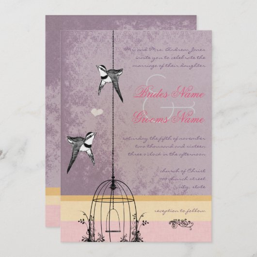 Vintager Vogelkäfig Lila Goldpinsel-Hochzeit Einladung (Vorne/Hinten)