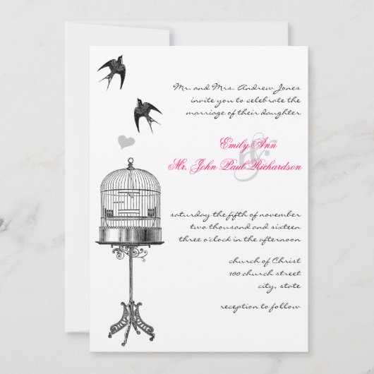 Vintager Vogelkäfig Rosa Akzente Hochzeitseinladun Einladung (Vorderseite)