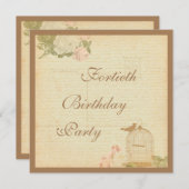 Vintager Vogelkäfig & Rose 40. Geburtstag Einladung (Vorne/Hinten)