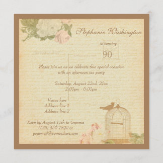 Vintager Vogelkäfig & Rose 90. Geburtstag Einladung