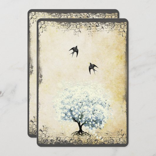 Vintager Vogelpergament Blütenbaum Einladung (Vorne/Hinten)