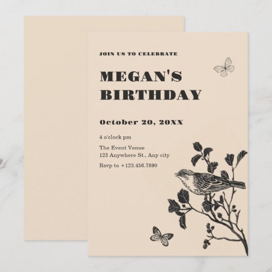 Vintager Vogelzweig Einladung (Vorne/Hinten)