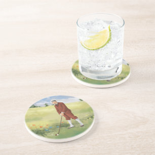 Vintager, von Hand gezeichneter Golfspieler Getränkeuntersetzer