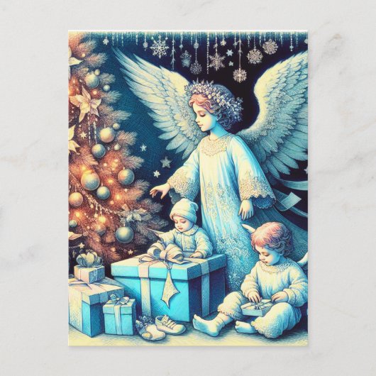 Vintager Wächter Engel mit Kindern Feiertagspostkarte (Vorderseite)