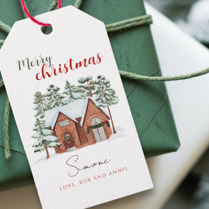 Vintager Wasserfarben Roter Grüner Weihnachtsbaum Geschenkanhänger