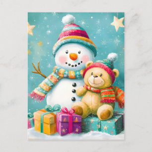 Vintager Wasserfarbenbär Snowman Weihnachtsfreuden Feiertagspostkarte