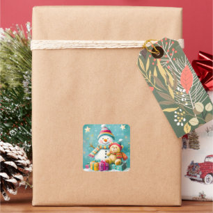 Vintager Wasserfarbenbär Snowman Weihnachtsfreuden Quadratischer Aufkleber