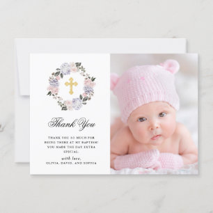 Vintager Watercolor-Blumengoldkreuz-Foto-Taufe Dankeskarte