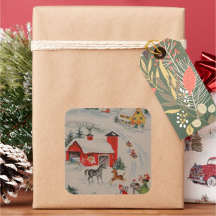 Vintager Weihnachtsbauernhof Feiertagsaufkleber Quadratischer Aufkleber