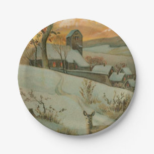 Vintager Weihnachtsbauernhof mit Rotwild Pappteller