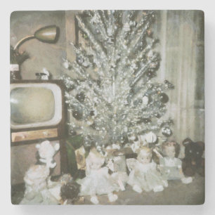 Vintager Weihnachtsbaum aus Aluminium mit Altspiel Steinuntersetzer