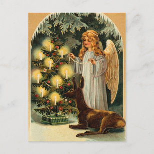 Vintager Weihnachtsbaum und Engel Feiertagspostkarte