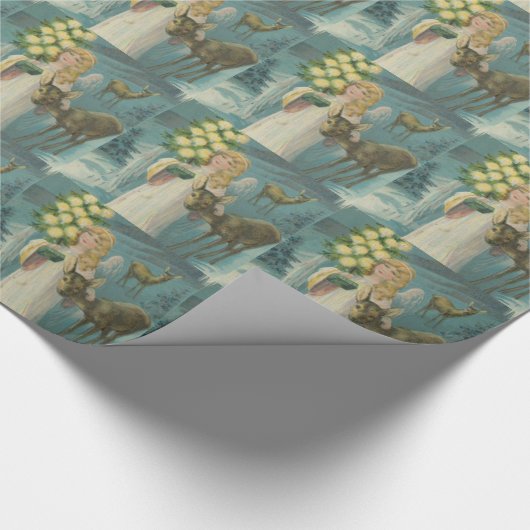 Vintager Weihnachtsengel mit Rotwild Geschenkpapier (Ecke)