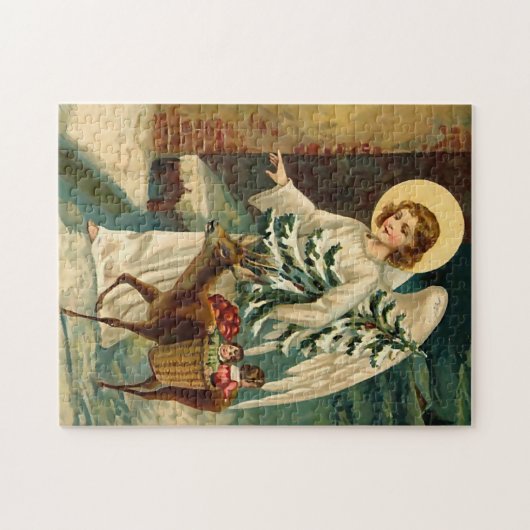 Vintager Weihnachtsengel mit Rotwild Puzzle (Horizontal)