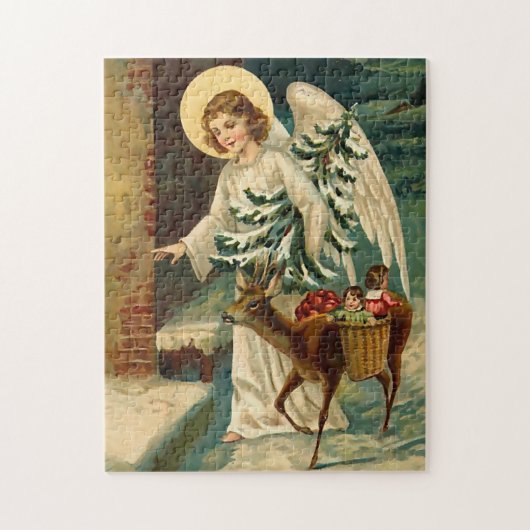 Vintager Weihnachtsengel mit Rotwild Puzzle (Vertikal)