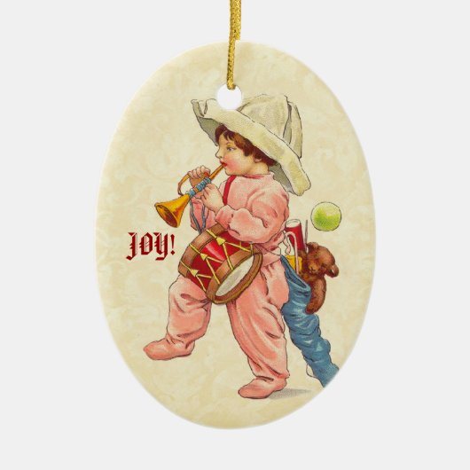 Vintager Weihnachtsjunge, der mit Trompete-Trommel Keramikornament (Vorne)