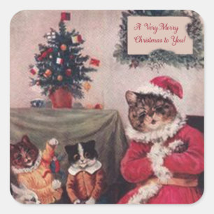 Vintager Weihnachtskatzen-Aufkleber, Katzen Louis Quadratischer Aufkleber