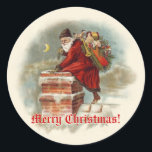Vintager Weihnachtsmann am Weihnachtsfeiertag Runder Aufkleber<br><div class="desc">Jolly Old Saint Nick ist bereit,  den Schornstein mit einer Tüte Spielzeug für alle guten kleinen Mädchen und Jungen auf diesem Retro-Design-Aufkleber Pop.</div>