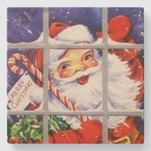 Vintager Weihnachtsmann am Weihnachtsfenster Steinuntersetzer (Vorderseite)