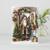 Vintager Weihnachtsmann an der Tür Feiertagskarte (Stehend Vorderseite)