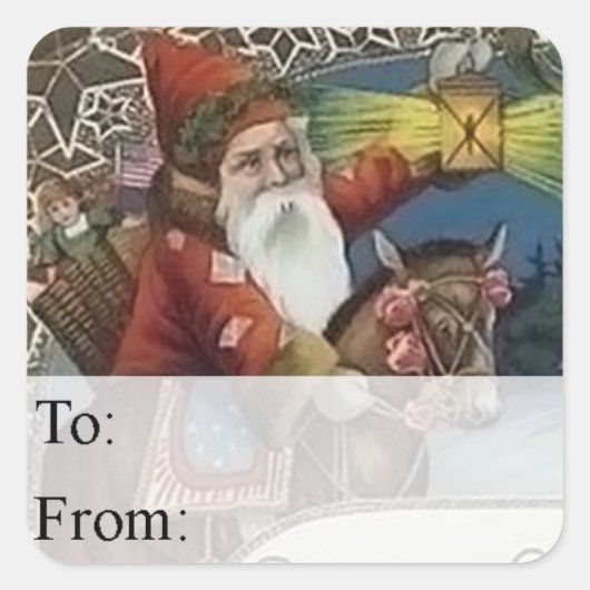 Vintager Weihnachtsmann auf einem Geschenkschild Quadratischer Aufkleber (Vorderseite)
