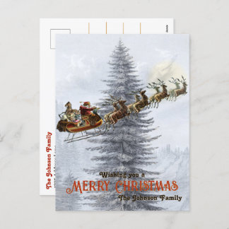 Vintager Weihnachtsmann auf Schlitten mit Rentier Feiertagspostkarte