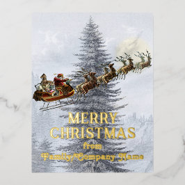 Vintager Weihnachtsmann auf Schlitten mit Rentier  Folien Feiertagspostkarte