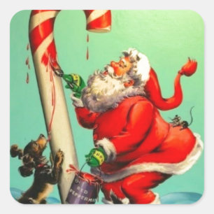 Vintager Weihnachtsmann, der eine Candy Cane gemal Quadratischer Aufkleber
