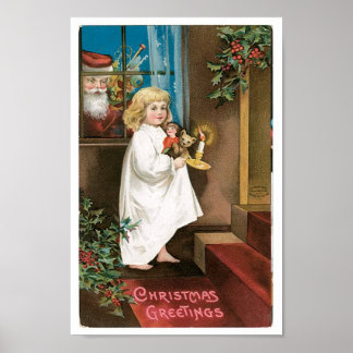 Vintager Weihnachtsmann, der Mädchen ins Fenster s Poster