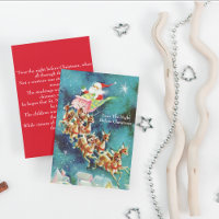 Vintager Weihnachtsmann fliegt Rentier über Häuser
