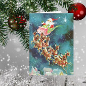 Vintager Weihnachtsmann fliegt Rentier über Häuser Karte