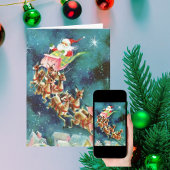 Vintager Weihnachtsmann fliegt Rentier über Häuser Karte