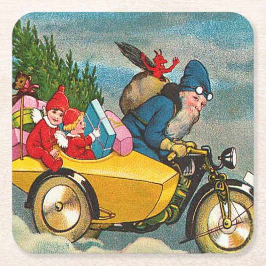 Vintager Weihnachtsmann für Motorradfahrer Rechteckiger Pappuntersetzer (Vorderseite)