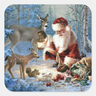 Vintager Weihnachtsmann Fütternd Tiere Quadratischer Aufkleber