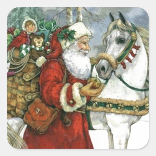 Vintager Weihnachtsmann Füttre sein Weiße Pferd Quadratischer Aufkleber (Vorderseite)