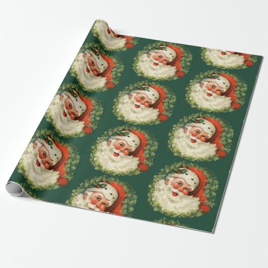 Vintager Weihnachtsmann Grün & Rot Geschenkpapier (Ungerollt)