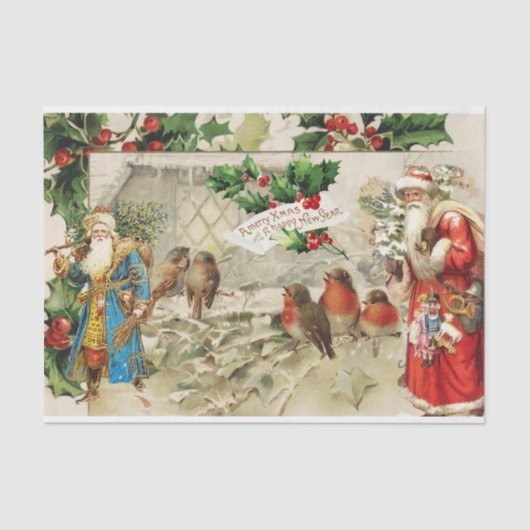 Vintager Weihnachtsmann, Holly Berry und VogelColl Seidenpapier (Vorderseite)